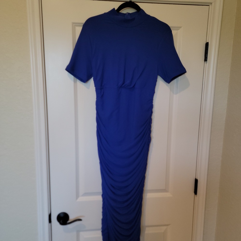 Womens Royal Blue Ruched Mock Neck Bodycon Midi Dress Short Sleeve Size L